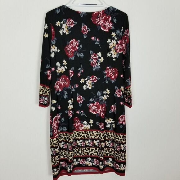Chico's Women Floral Leopard-Print Dress Sz L Black 3/4 Sleeve Jersey Pullover - Picture 4 of 8